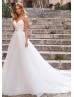 V Neck White Organza Backless Wedding Dress With Crystals